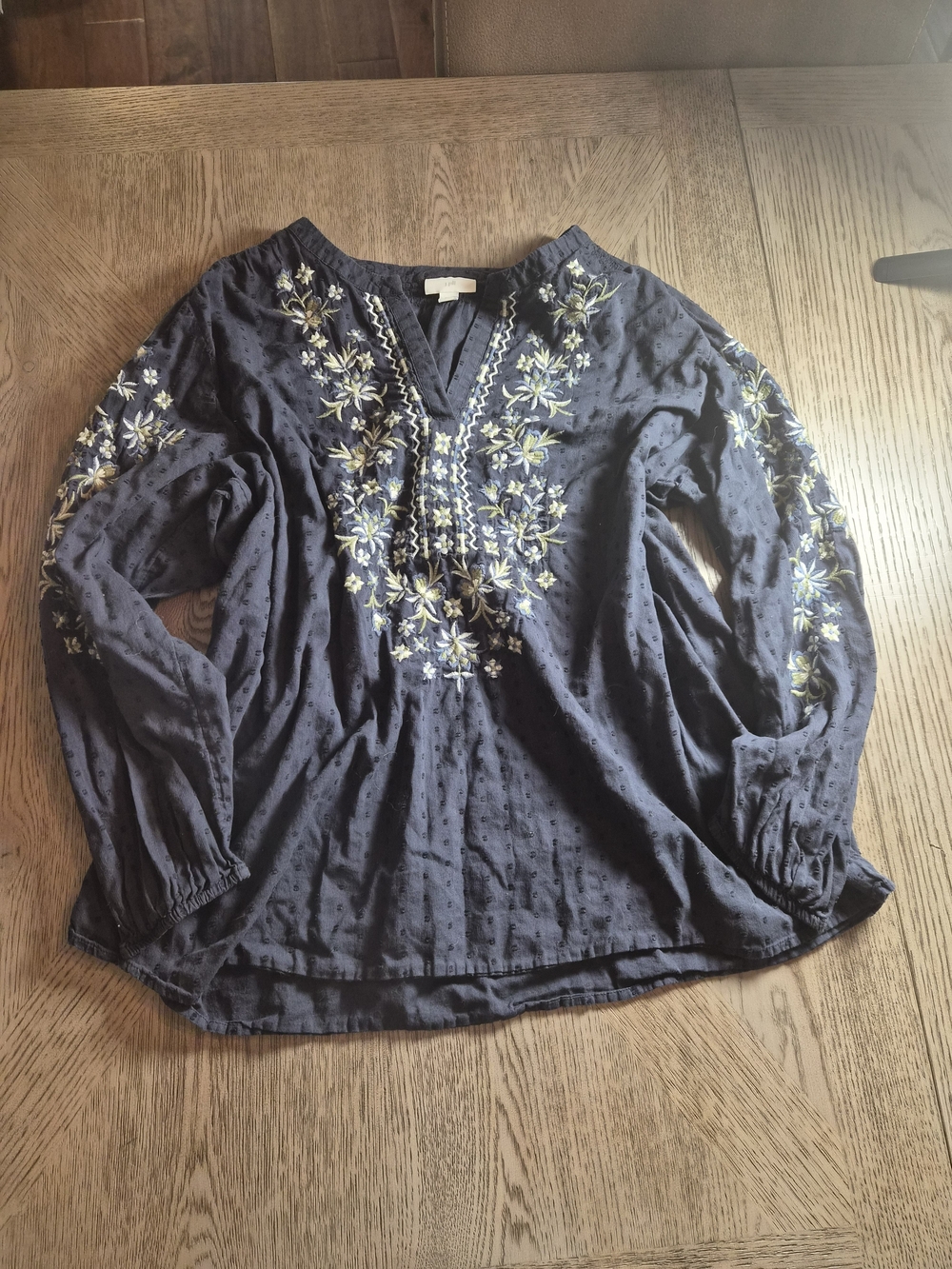 J. Jill Navy Embroidered Floral Peasant Blouse